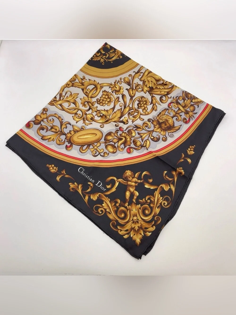 DIOR Vintage 80’s Baroque Gold & Black 100% Silk Cherub & Fleur-De-Lis Scarf